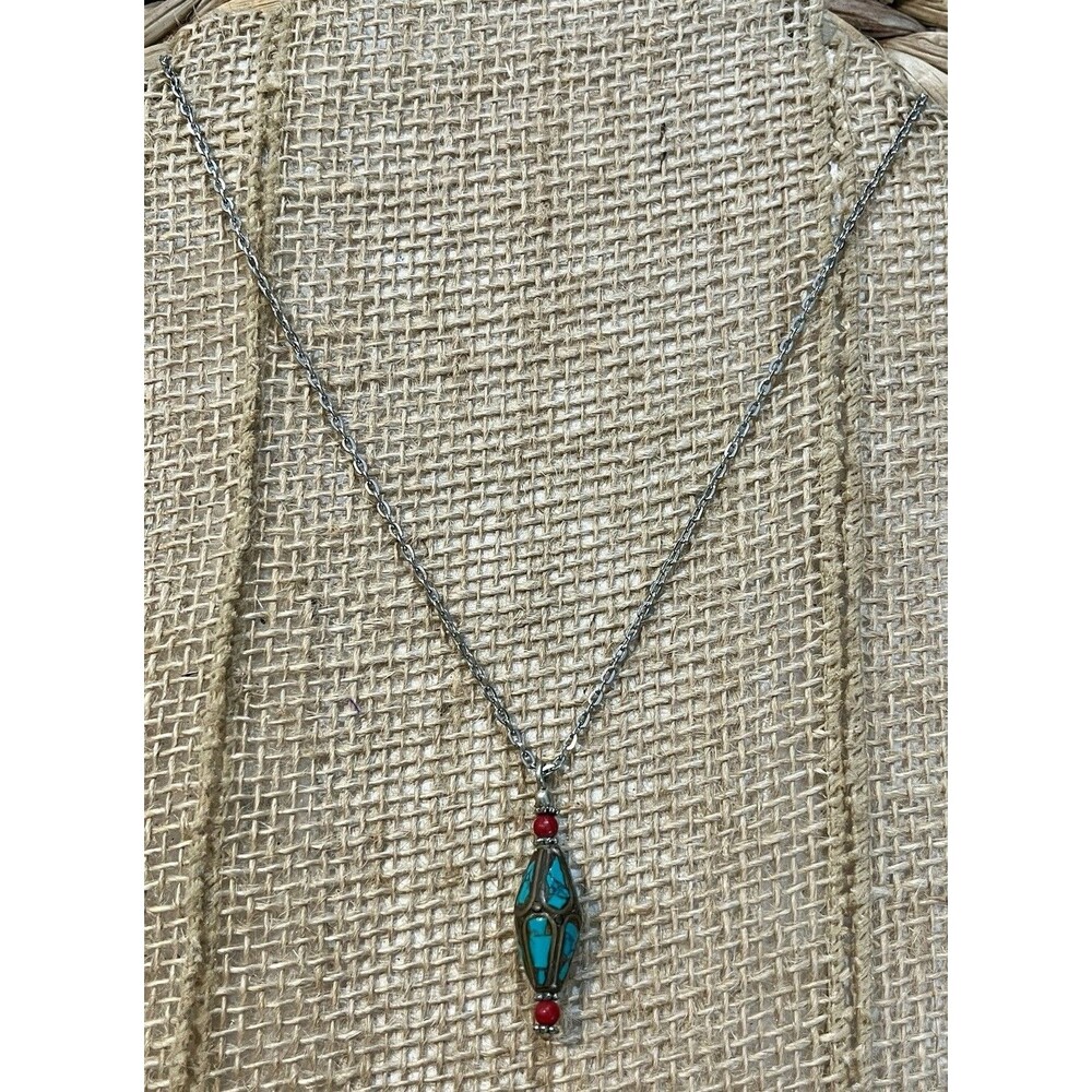 Tibetan Turquoise Red Coral Vintage Exotic Southwestern  Womens Necklace 17in